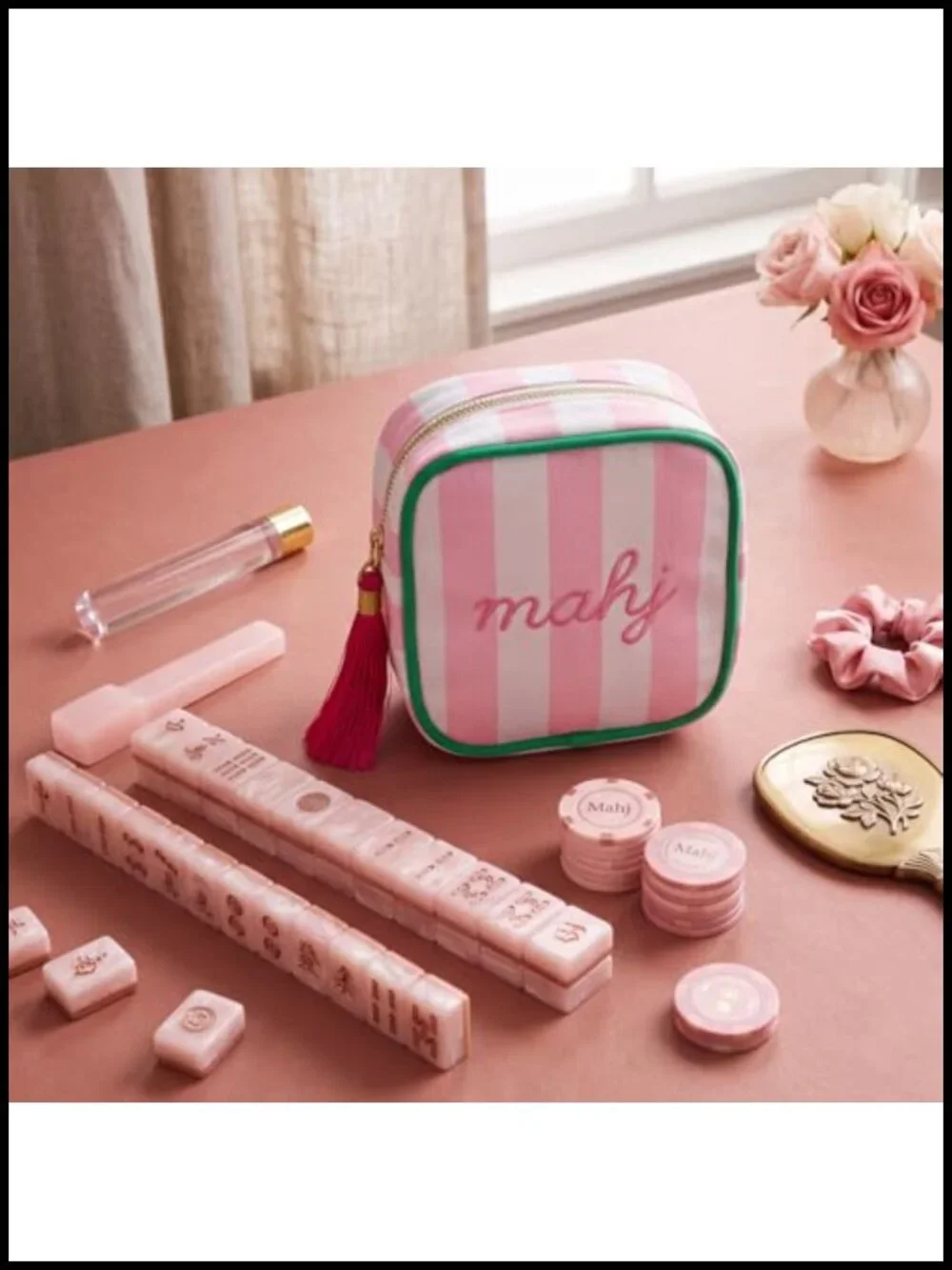 Pink Striped Mahjong Dice Bag, Small Zipper Pouch for Travel Makeup, Jewelry,